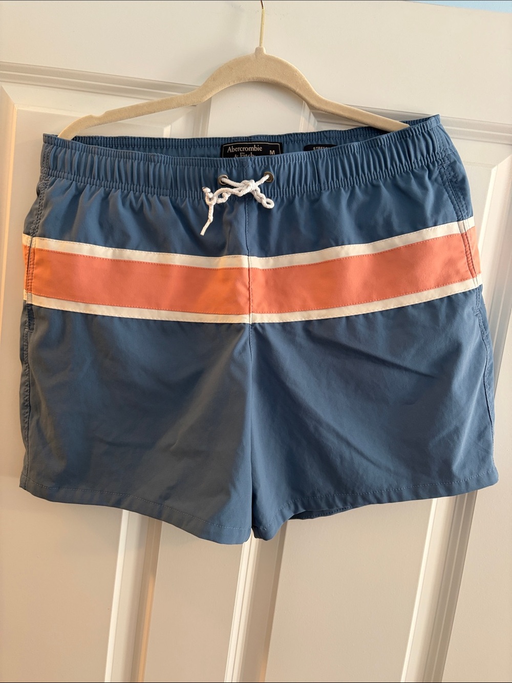 Abercrombie & Fitch Blue Swim Trunks with Coral and White Stripe